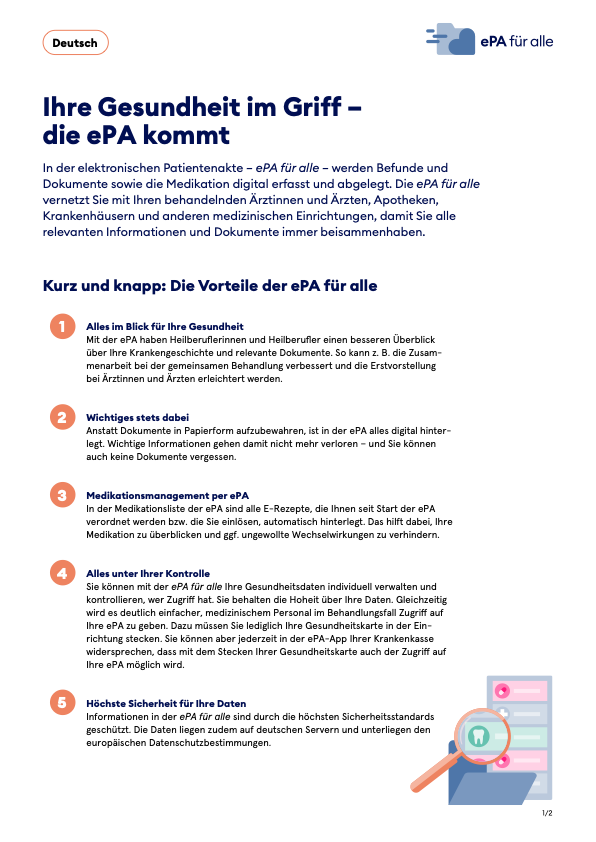 Informationsplakat: Ihre Gesundheit im Griff – die ePA kommt Plakat zur ePA („ePA für alle“) mit Vorteilen wie Gesundheitsübersicht, Dokumentenzugriff, Medikationsmanagement, Kontrolle und Datensicherheit. Unten rechts eine Lupe über einem digitalen Ordner.